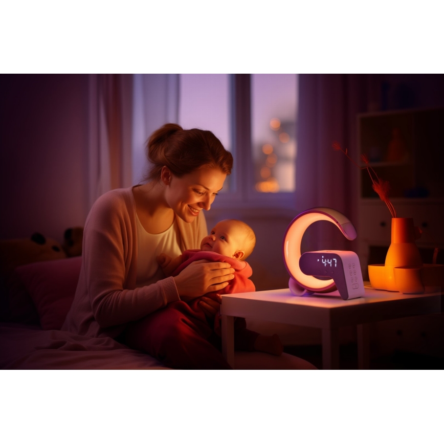 LED RGB Димируема настолна лампа с будилник и Qi зареждане 30W/230V сребрист