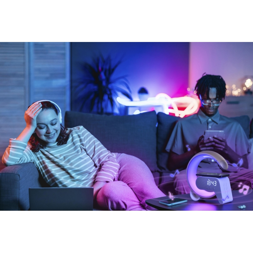 LED RGB Димируема настолна лампа с будилник и Qi зареждане 30W/230V сребрист