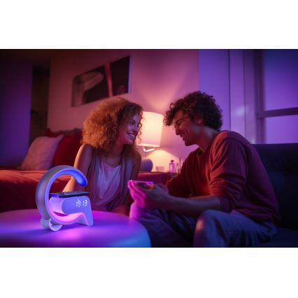 LED RGB Димируема настолна лампа с будилник и Qi зареждане 30W/230V сребрист