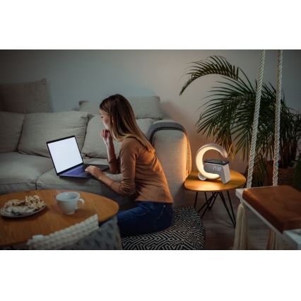 LED RGB Димируема настолна лампа с будилник и Qi зареждане 30W/230V сребрист