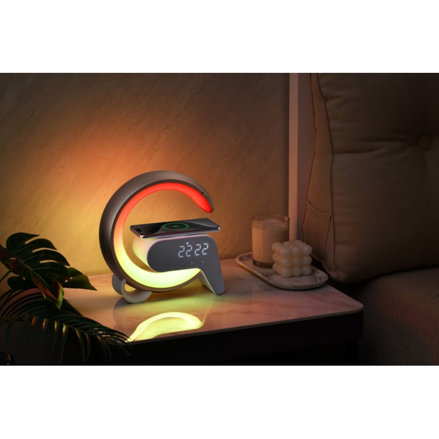LED RGB Димируема настолна лампа с будилник и Qi зареждане 30W/230V сребрист