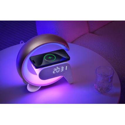 LED RGB Димируема настолна лампа с будилник и Qi зареждане 30W/230V сребрист