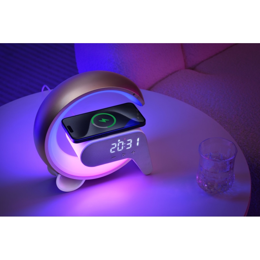 LED RGB Димируема настолна лампа с будилник и Qi зареждане 30W/230V сребрист