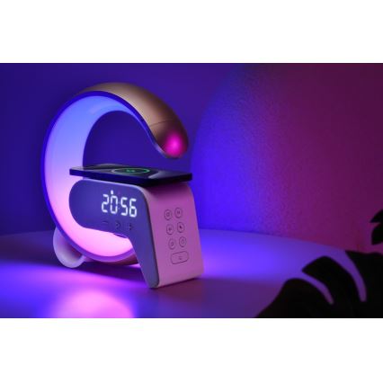 LED RGB Димируема настолна лампа с будилник и Qi зареждане 30W/230V сребрист