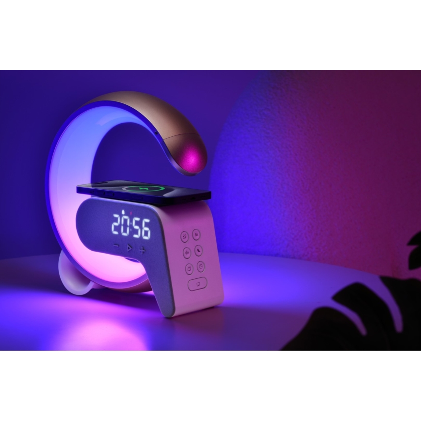 LED RGB Димируема настолна лампа с будилник и Qi зареждане 30W/230V сребрист