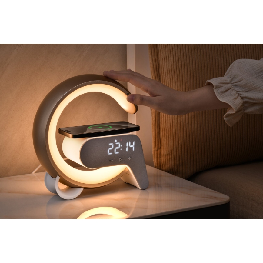 LED RGB Димируема настолна лампа с будилник и Qi зареждане 30W/230V сребрист