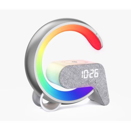 LED RGB Димируема настолна лампа с будилник и Qi зареждане 30W/230V сребрист