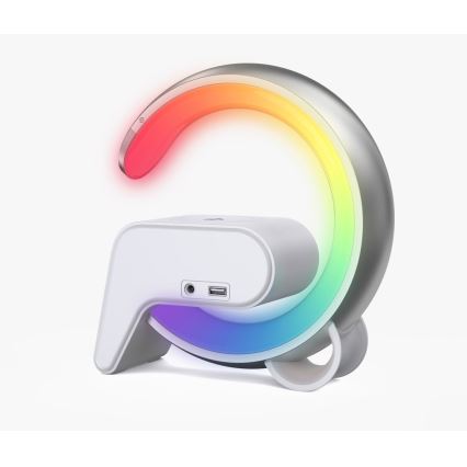 LED RGB Димируема настолна лампа с будилник и Qi зареждане 30W/230V сребрист