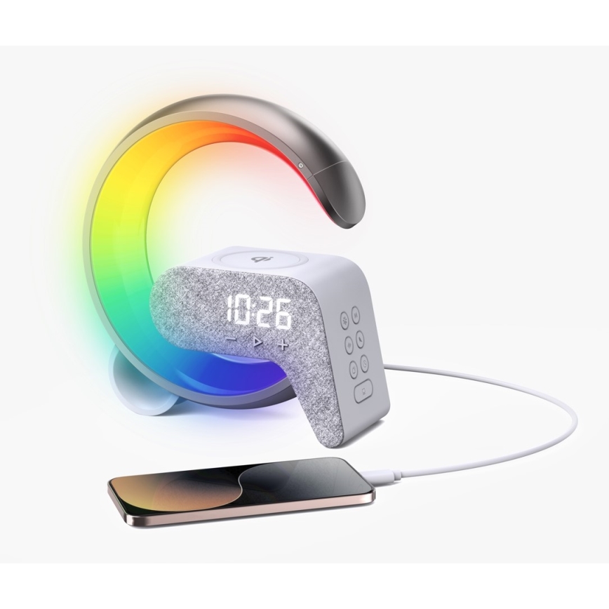 LED RGB Димируема настолна лампа с будилник и Qi зареждане 30W/230V сребрист