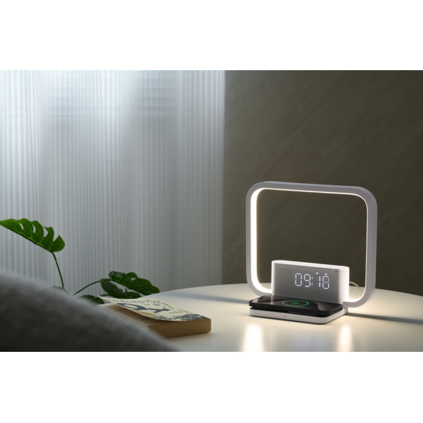 LED Димируема настолна лампа с будилник и Qi зареждане LED/18W/230V бял