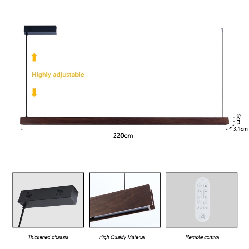 Immax NEO 07302L - LED полилей на кабел с възможност за димиране MADEIRA LED/44W/230V Wi‑Fi Tuya 202 cm орех + дистанционно управление