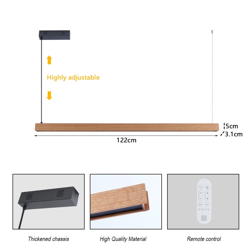 Immax NEO 07303L - Димируем LED полилей на кабел MADEIRA LED/26W/230V Wi-Fi Tuya 122 cm дъб + дистанционно управление