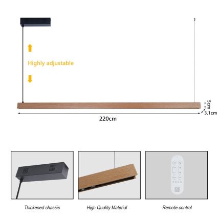Immax NEO 07305L - Димируема LED полилей на кабел MADEIRA LED/44W/230V Wi‑Fi Tuya 202 cm дъб + дистанционно управление