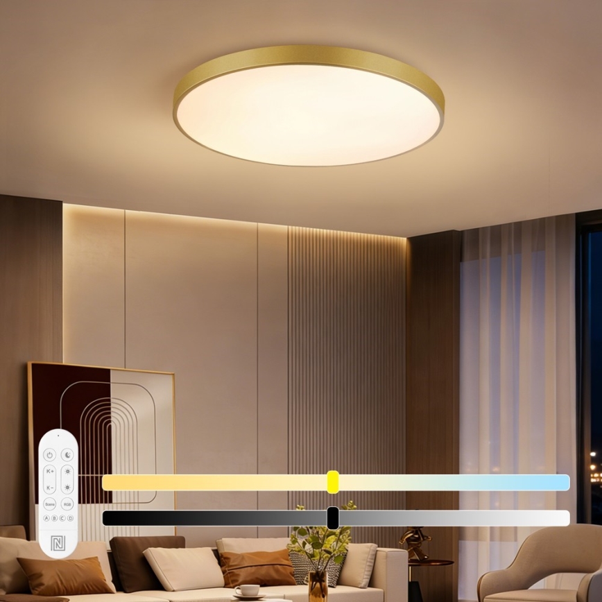 Immax NEO 07311L - LED димируемо таванно осветително тяло SEMPLICI LED/96W/230V Ø 80 см Wi-Fi Tuya златисто + дистанционно управление