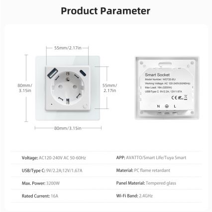 Immax NEO 07544L - Умна розетка тип E 16A/230V + 1xUSB-A+1xUSB C PD 20W Tuya Wi-Fi