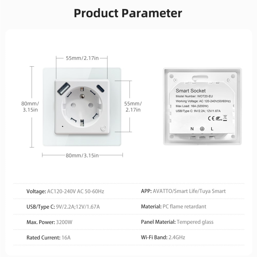 Immax NEO 07544L - Умна розетка тип E 16A/230V + 1xUSB-A+1xUSB C PD 20W Tuya Wi-Fi