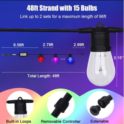 LED RGB+CCT Димируем екстериорен верига ГИРЛЯНДА 15xLED/1W/230V 15m Wi-Fi Tuya IP65 + дистанционно управление