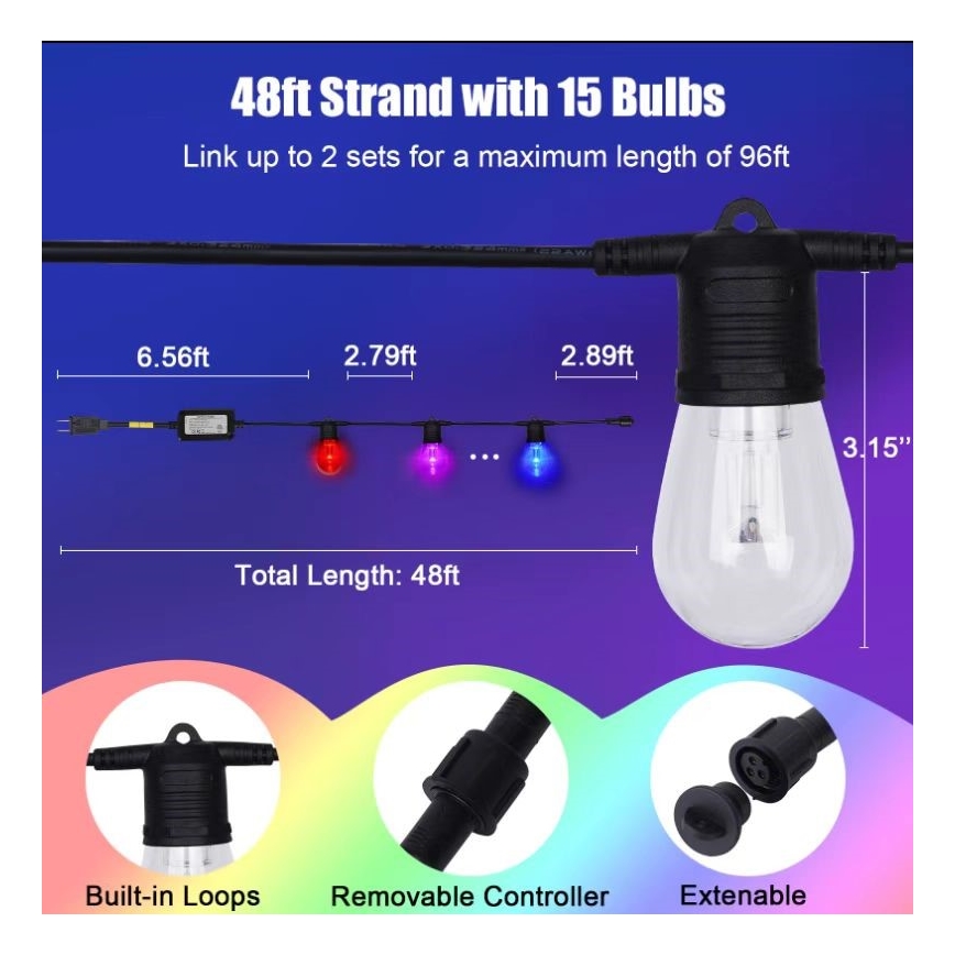 LED RGB+CCT Димируем екстериорен верига ГИРЛЯНДА 15xLED/1W/230V 15m Wi-Fi Tuya IP65 + дистанционно управление