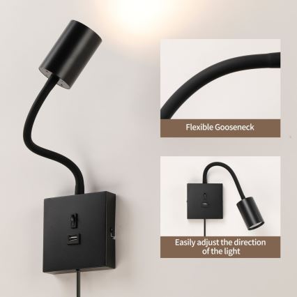 Immax NEO 08295L - Стенна лампа с USB PUNTO 1xGU10/9W/230V черна