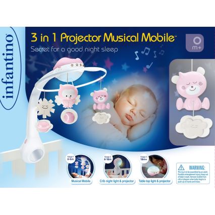 Infantino - Мобилна музикална висулка за креватче 3в1 3xAAA розова