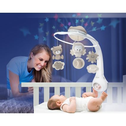 Infantino - Въртележка за бебешко креватче с мелодия 3 в 1, 3xAAA, кафява