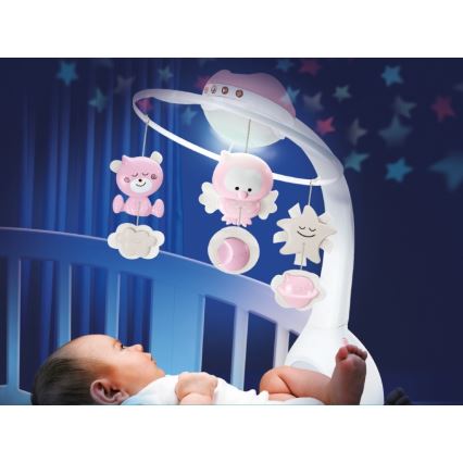 Infantino - Музикална въртележка за креватче и проектор 3в1 3xAAA розов