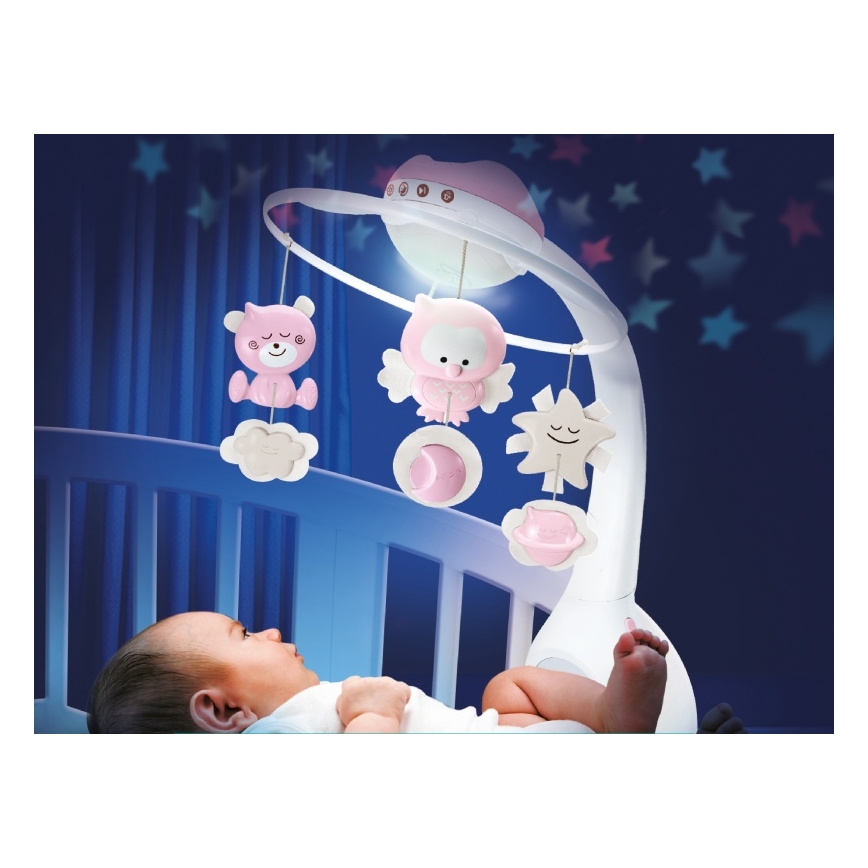 Infantino - Музикална въртележка за креватче и проектор 3в1 3xAAA розов