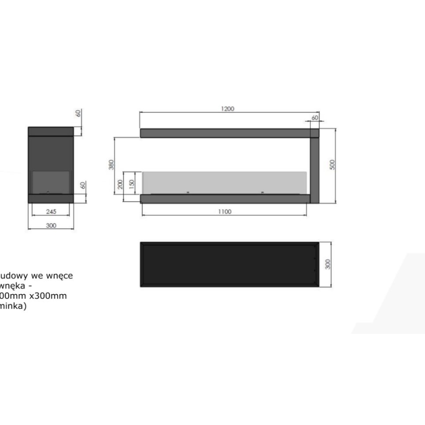 InFire - Ъглова BIO камина 120x50 см 3kW бифациална