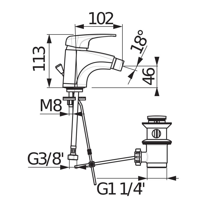 JIKA H3411U10041111 - Кран за биде + сифон без преливник DEEP 11,3 см лъскав хром