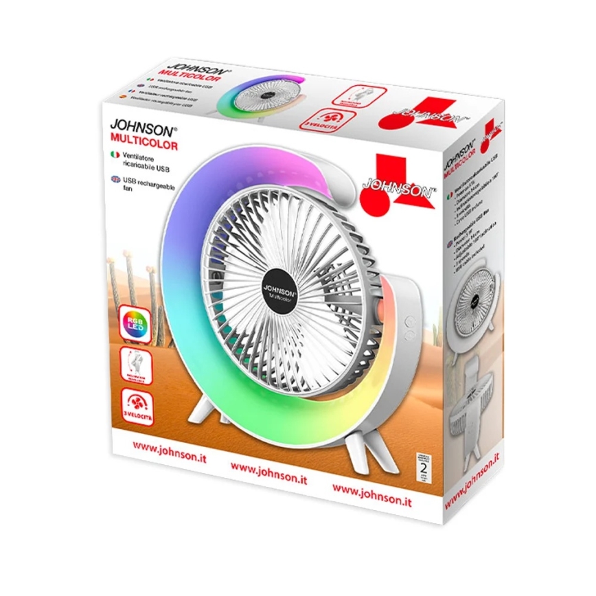 JOHNSON - LED RGB презареждаем настолен вентилатор многоцветен LED/5W/3,7V 1200 mAh пр. 14 см бял