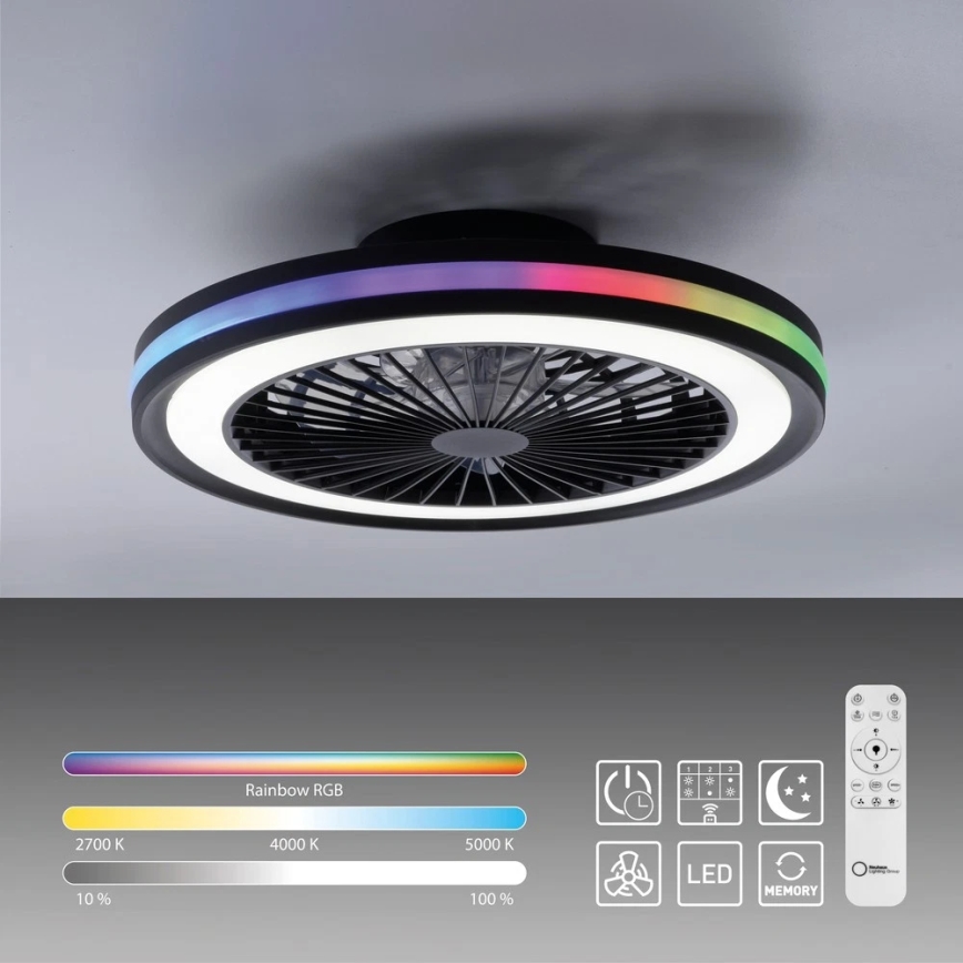 JUST LIGHT. 14649-18 - LED RGBW регулируем таванен вентилатор с осветление BRANDON LED/36W/230V 2700-5000K диаметър 46,5 см черен + дистанционно управление