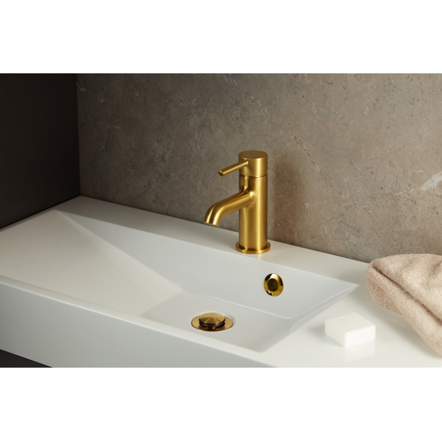 KFA Armatura 5032-815-31 - Кран за мивка + сифон с преливник MOZA 15,2 см шлайфан златист