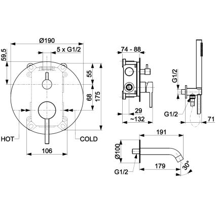 KFA Armatura 5039-401-81 - Комплект за баня със скрит кран MOZA матов черен