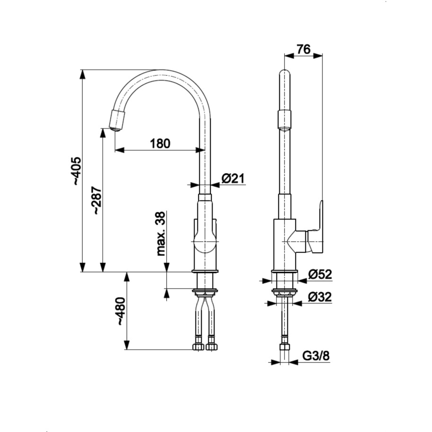 KFA Armatura 6553-915-00 - Кран за мивка с гъвкаво рамо RUMBA 40,5 cm черен/лъскав хром