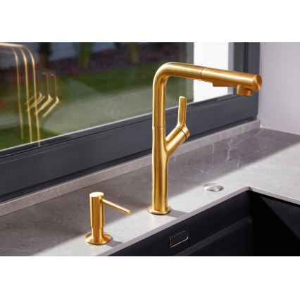 KFA Armatura 6623-220-31 - Кран за мивка с издърпваща се пръскачка DUERO DESIGN неръждаем/шлайфан златист