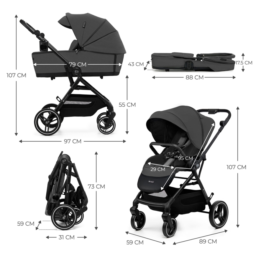 KINDERKRAFT SELECT - Комбинирана бебешка количка 2в1 YOXI Moonlight сив