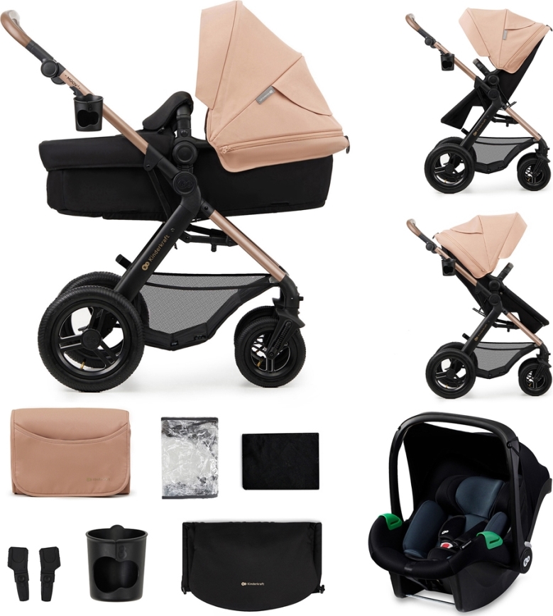 KINDERKRAFT - Комбинирана бебешка количка 3в1 MOOV 2 AIR Sand бежов + автомобилна седалка MINK PRO