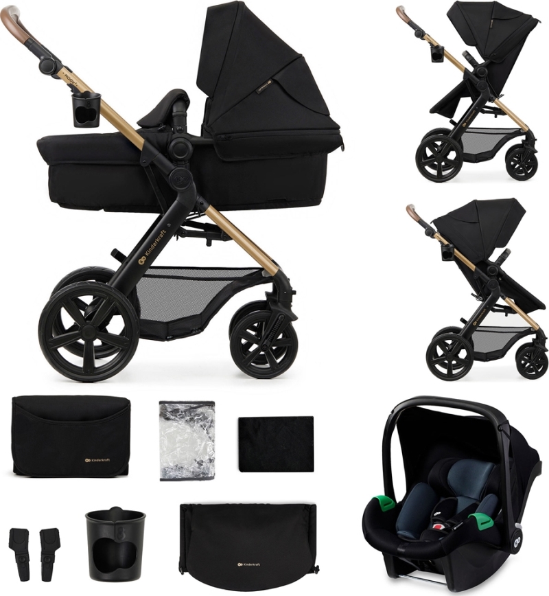KINDERKRAFT - Комбинирана бебешка количка 3в1 MOOV 2 Pure черен + автомобилна седалка MINK PRO