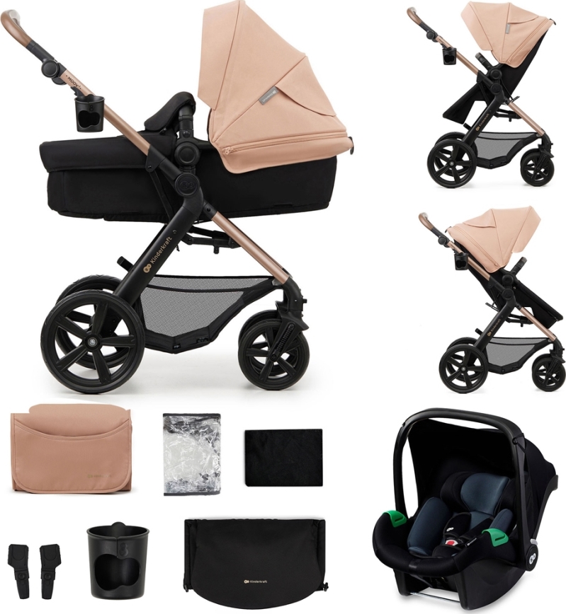 KINDERKRAFT - Комбинирана бебешка количка 3в1 MOOV 2 Sand бежов + автомобилна седалка MINK PRO