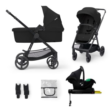 KINDERKRAFT - Комбинирана количка 4в1 NEWLY Classic черна + детско столче MINK PRO с основа ISOFIX