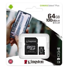 Kingston - MicroSDXC Карта 64GB Canvas Select Plus U1 100MB/сек. + SD адаптер
