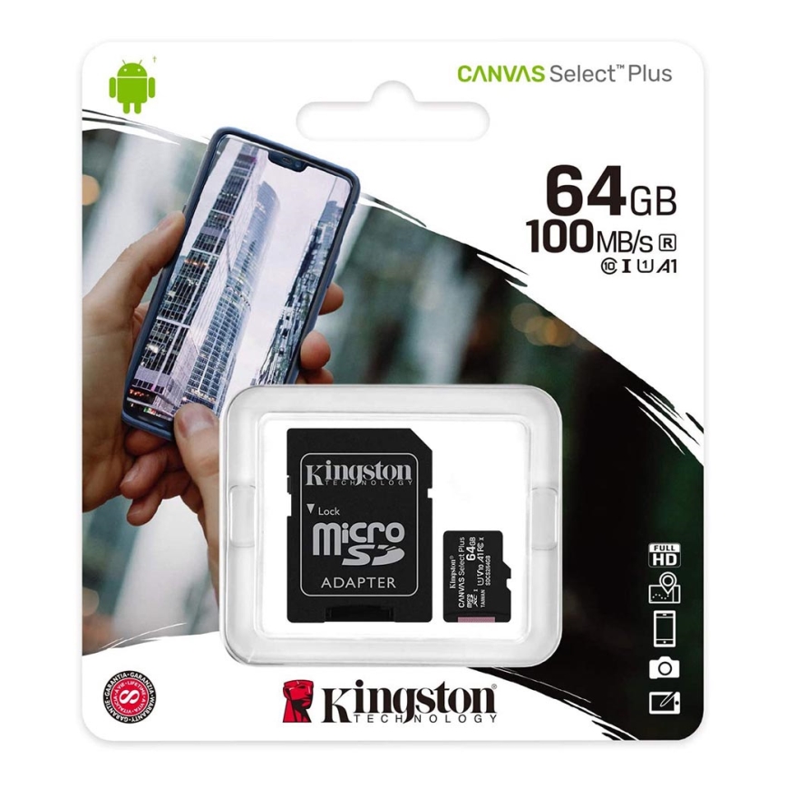 Kingston - MicroSDXC Карта 64GB Canvas Select Plus U1 100MB/сек. + SD адаптер