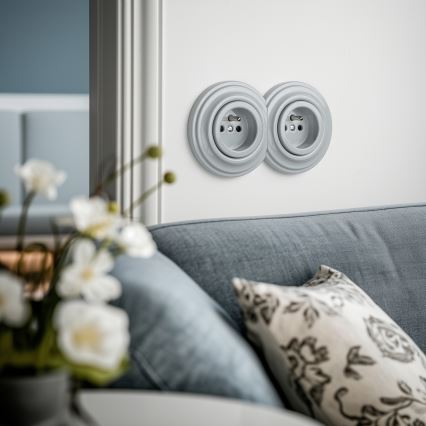 Kliklap - Двоен ретро домашен контакт с рамка, 230 V, сив