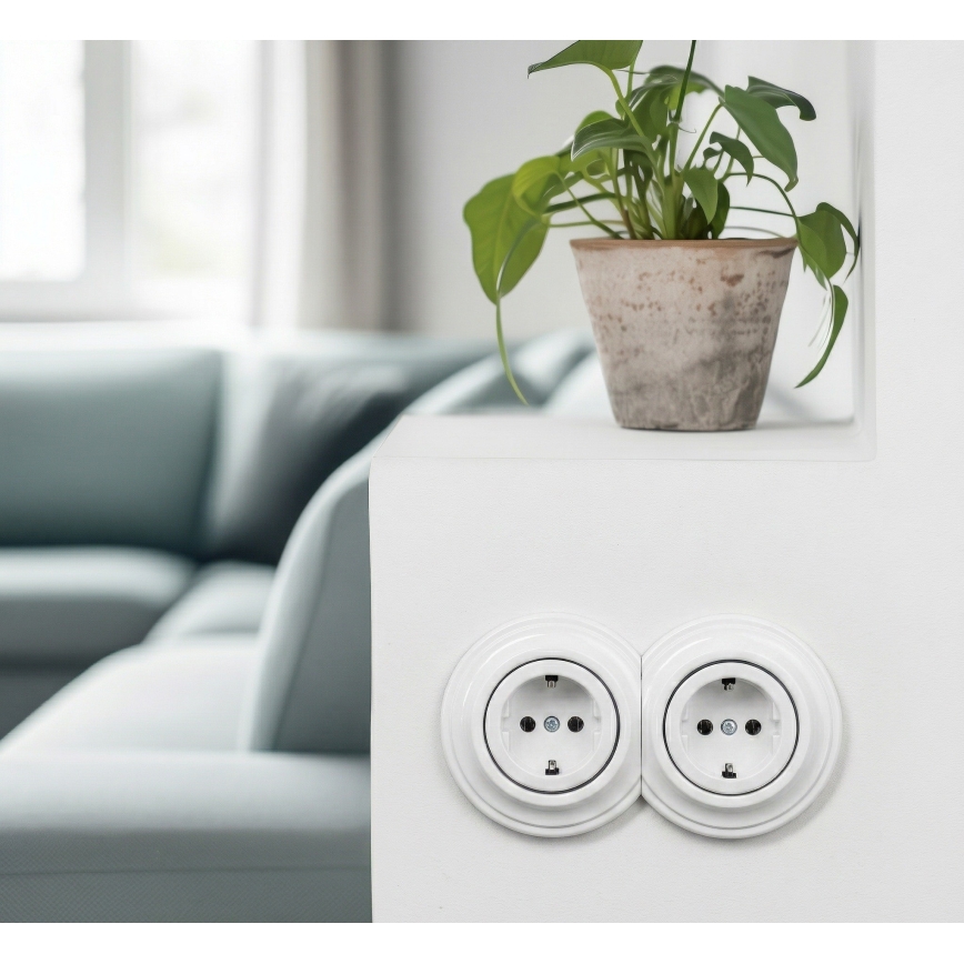 Kliklap - Двойна ретро домашна розетка с рамка SCHUKO 230V снежнобяла