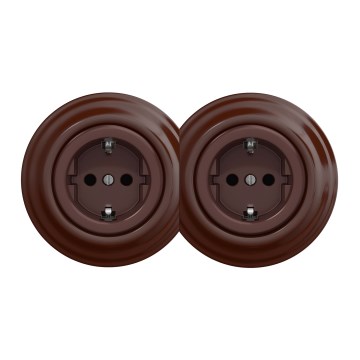 Kliklap - Двойна ретро домашна розетка с рамка SCHUKO 230V кафява