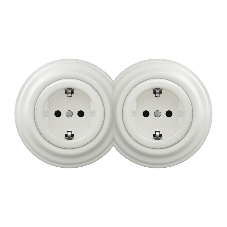 Kliklap - Двойна ретро розетка за дома с рамка SCHUKO 230V/16A бяла