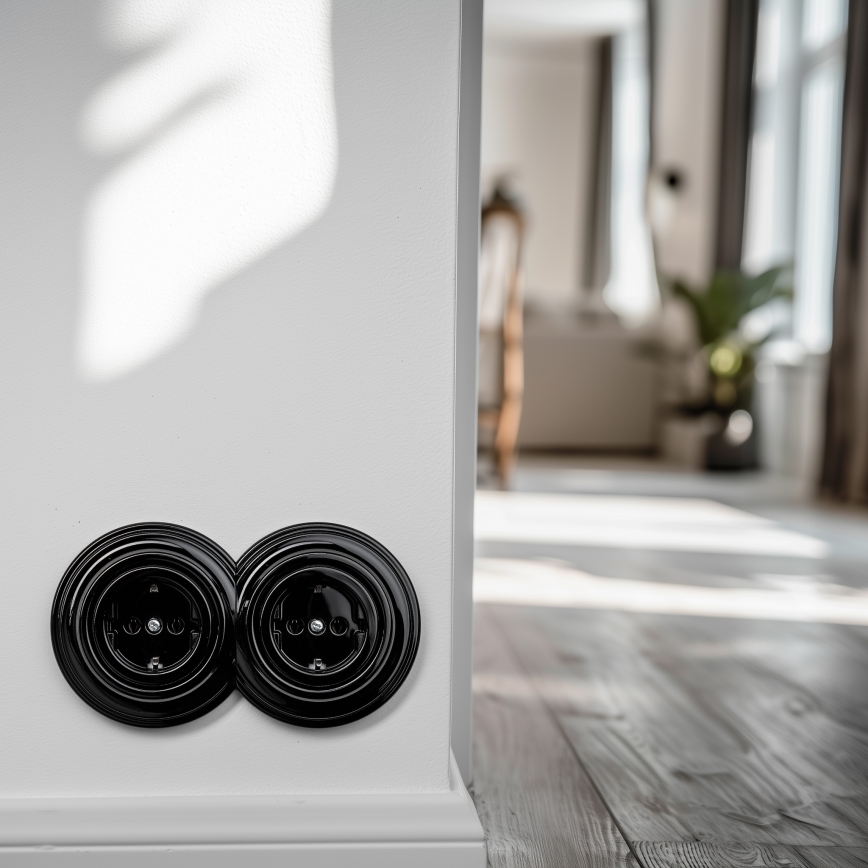 Kliklap - Двойна ретро стенна розетка SCHUKO 230V с рамка, черна