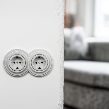Kliklap - Двойна ретро розетка за дома с рамка SCHUKO 230V/16A, керамична, бяла