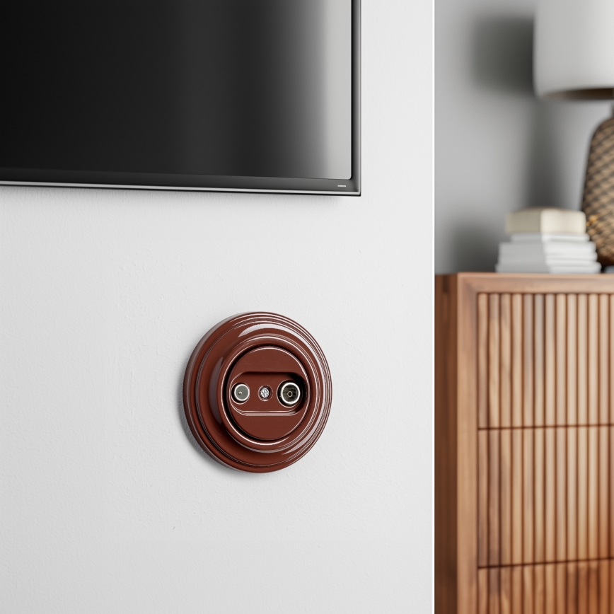 Kliklap - Ретро абонатна розетка TV+R (крайна) с рамка, кафява