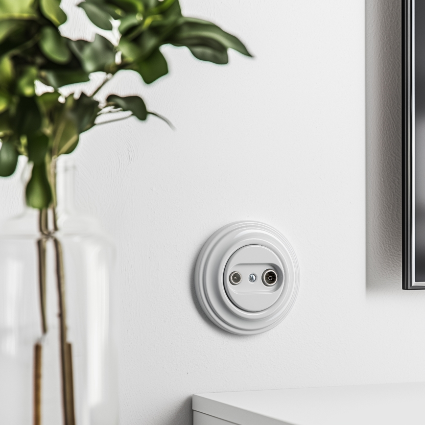 Kliklap - Ретро абонатна TV+R розетка (крайна) с керамична рамка, бяла